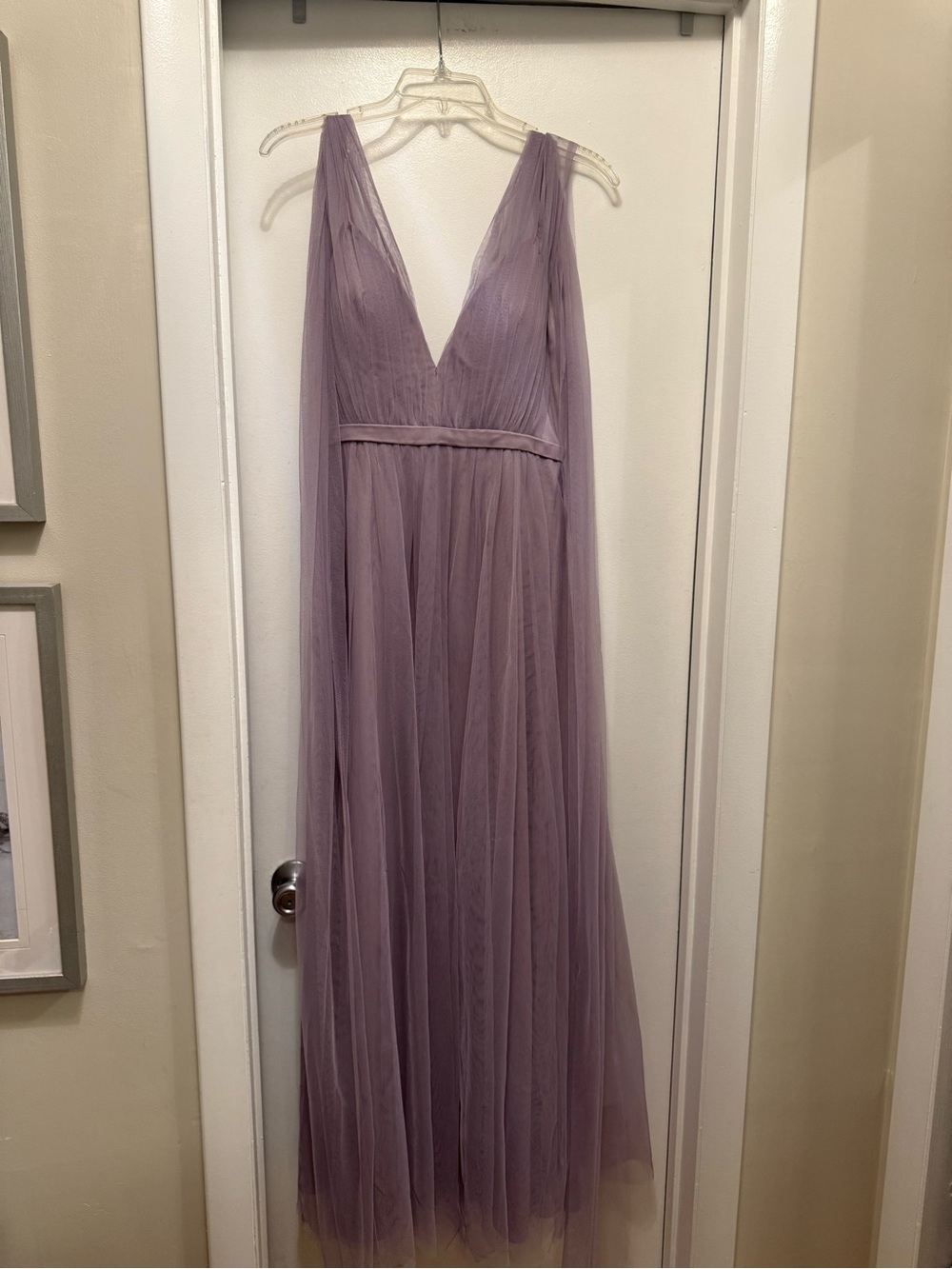 Vera Wang Dusty Lavender V-Neck Tulle Maxi Dress